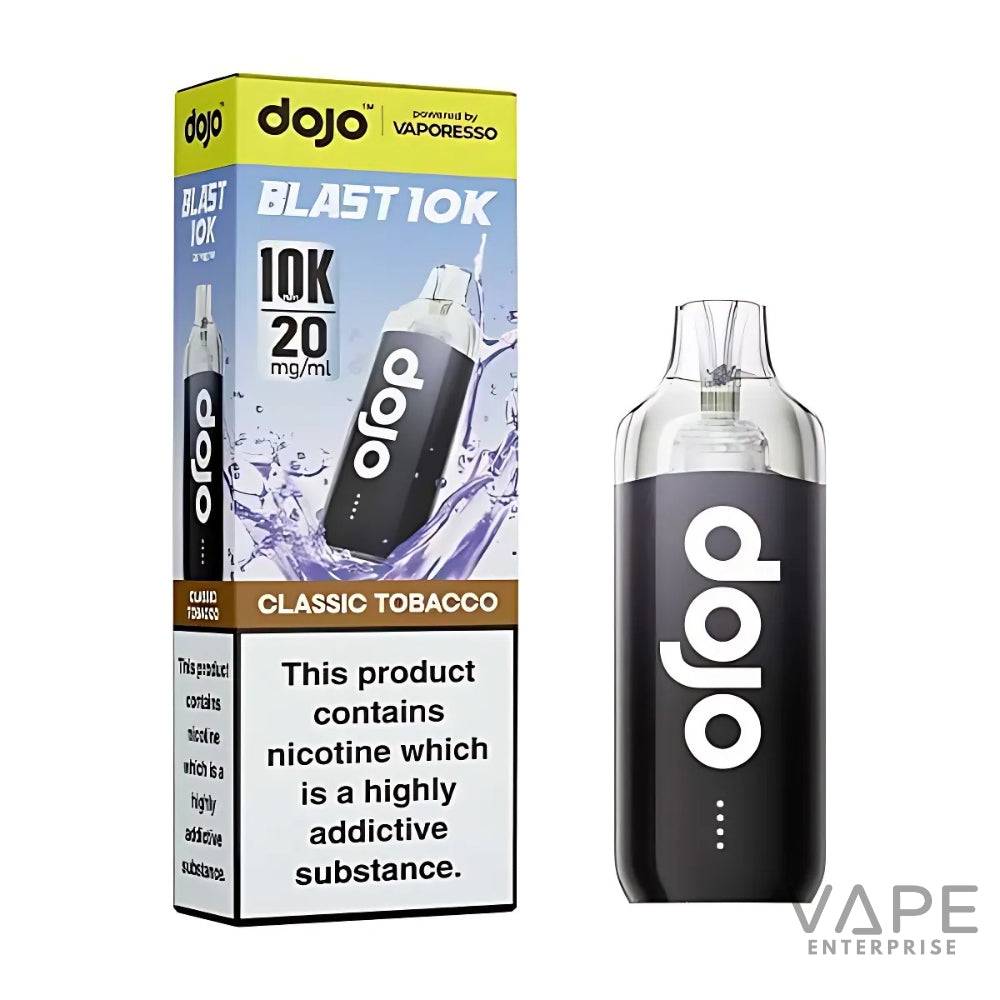 Dojo Blast 10K Classic Tobacco disposable vape with 20mg nicotine, black device and packaging