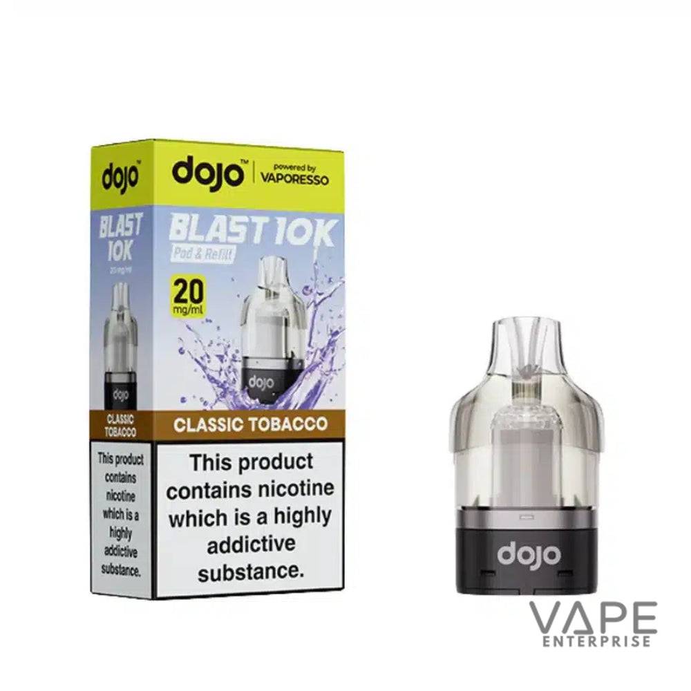 Dojo Blast 10K Classic Tobacco 20mg/ml nicotine pod and refill with packaging showing warning label