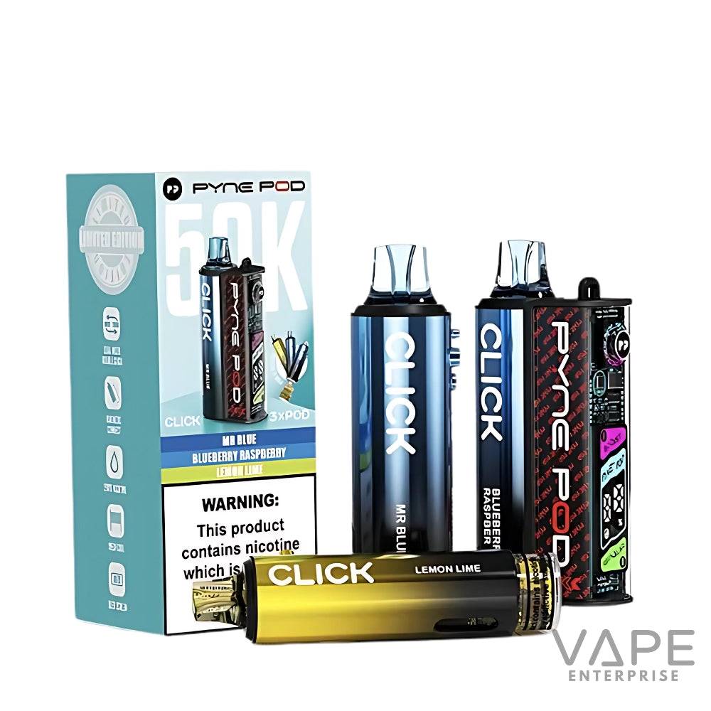 Pyne Pod Click vape devices in Mr Blue, Blueberry Raspberry, and Lemon Lime flavors with limited edition 50K pack