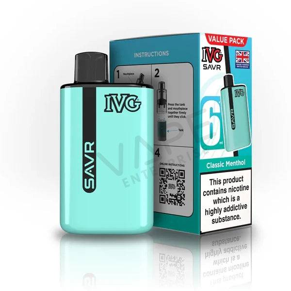 IVG SAVR Classic Menthol 6ml vape liquid bottle with packaging and nicotine addiction warning