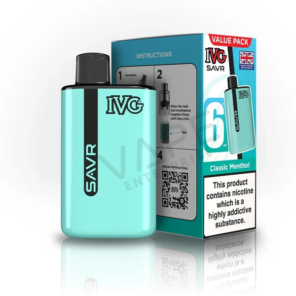 IVG SAVR Classic Menthol 6ml vape liquid bottle with packaging and nicotine addiction warning