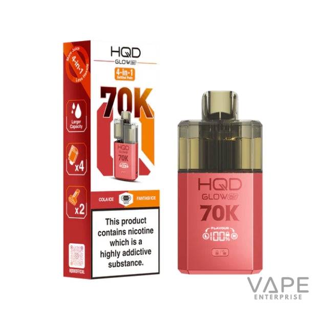 HQD Glow 70K 4-in-1 refillable vape pods in Cola Ice and Fantasi Ice flavors with nicotine warning