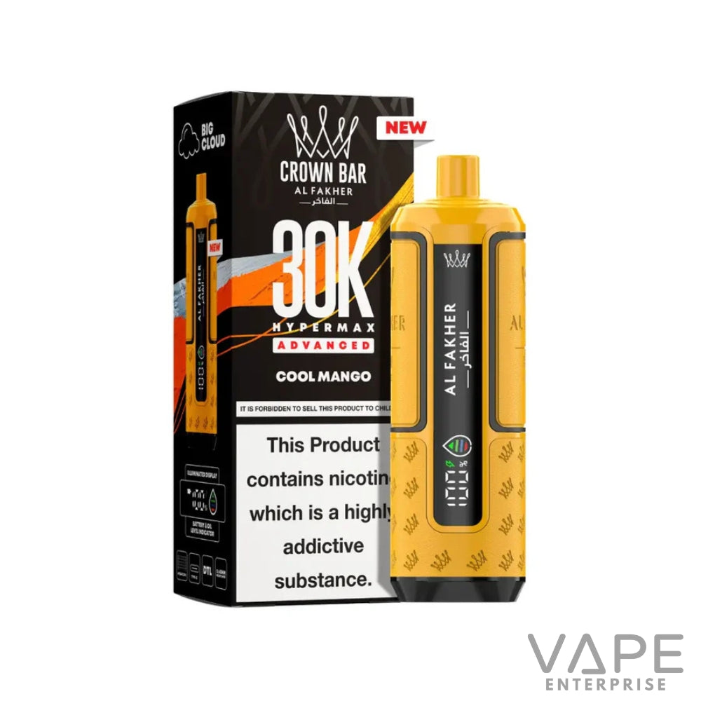 Al Fakher Crown Bar 30K Hypermax Advanced Cool Mango vape device and black box with nicotine warning