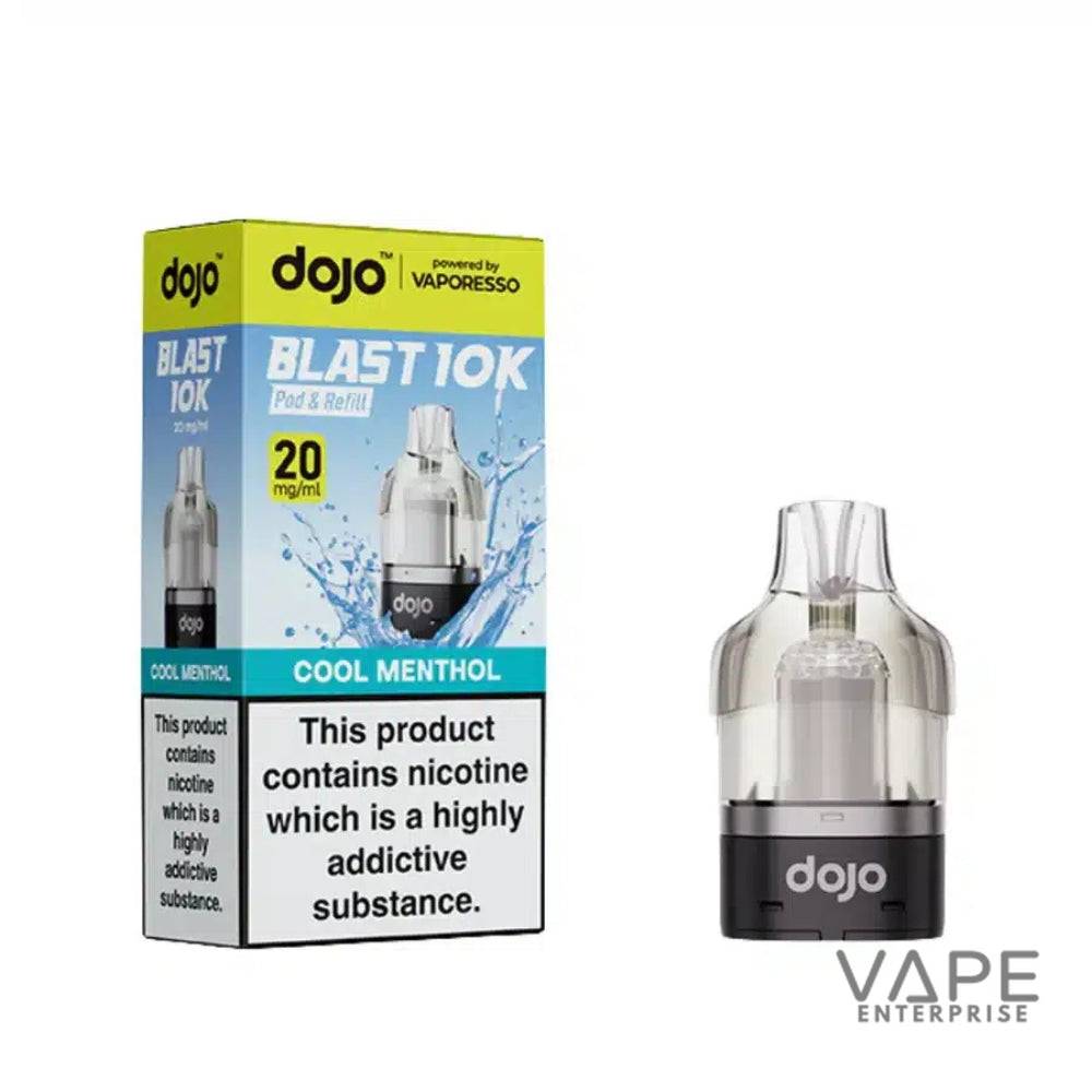 Dojo Blast 1OK Cool Menthol vape pod and refill box with warning label and vape pod device