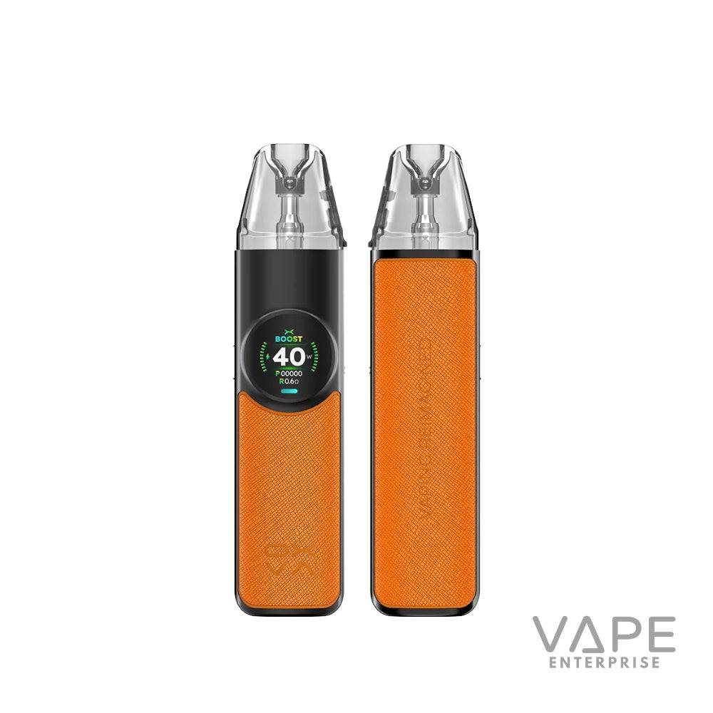 Orange leather-textured vape device with black top and digital power display showing 40W