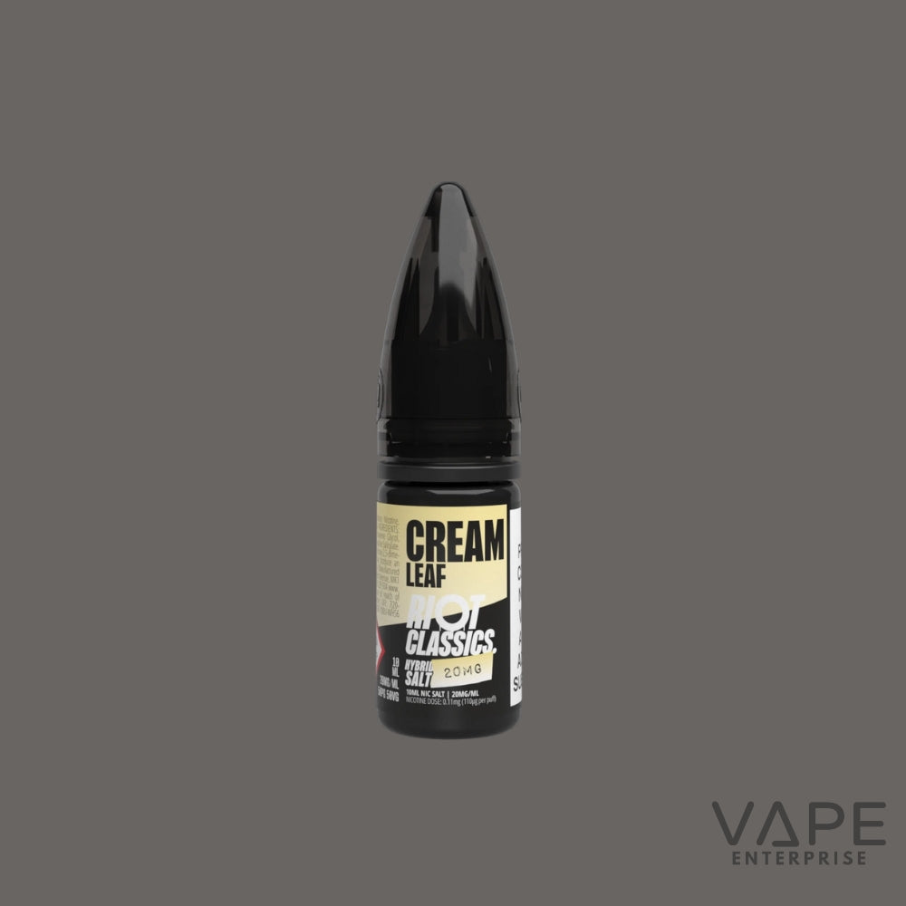 Black vape device with 'Cream Leaf' label on a gray background