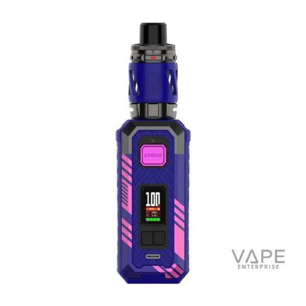 Vaporesso Armour S Kit vape device in cyber blue with pink accents and digital screen showing 100 watt power