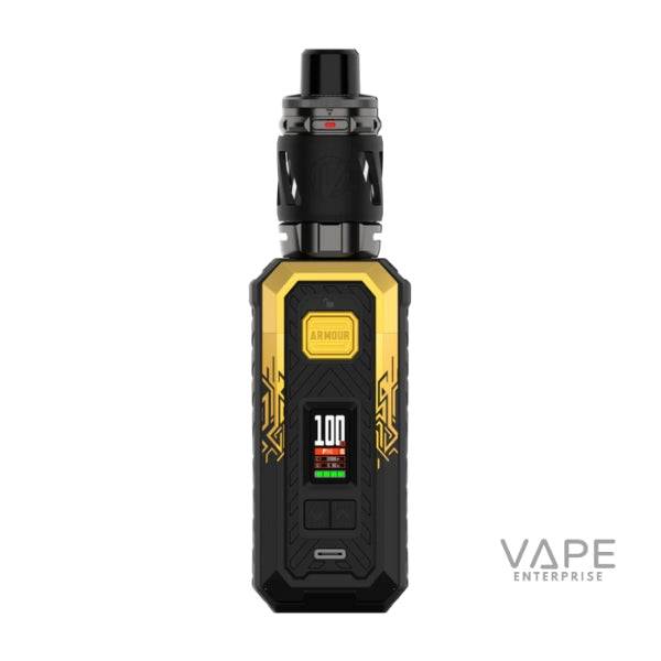 Vaporesso Armour S Kit in cyber gold with digital display and black tank against white background