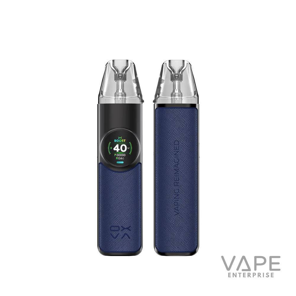 Two sleek blue and black vape devices with digital display and ergonomic design