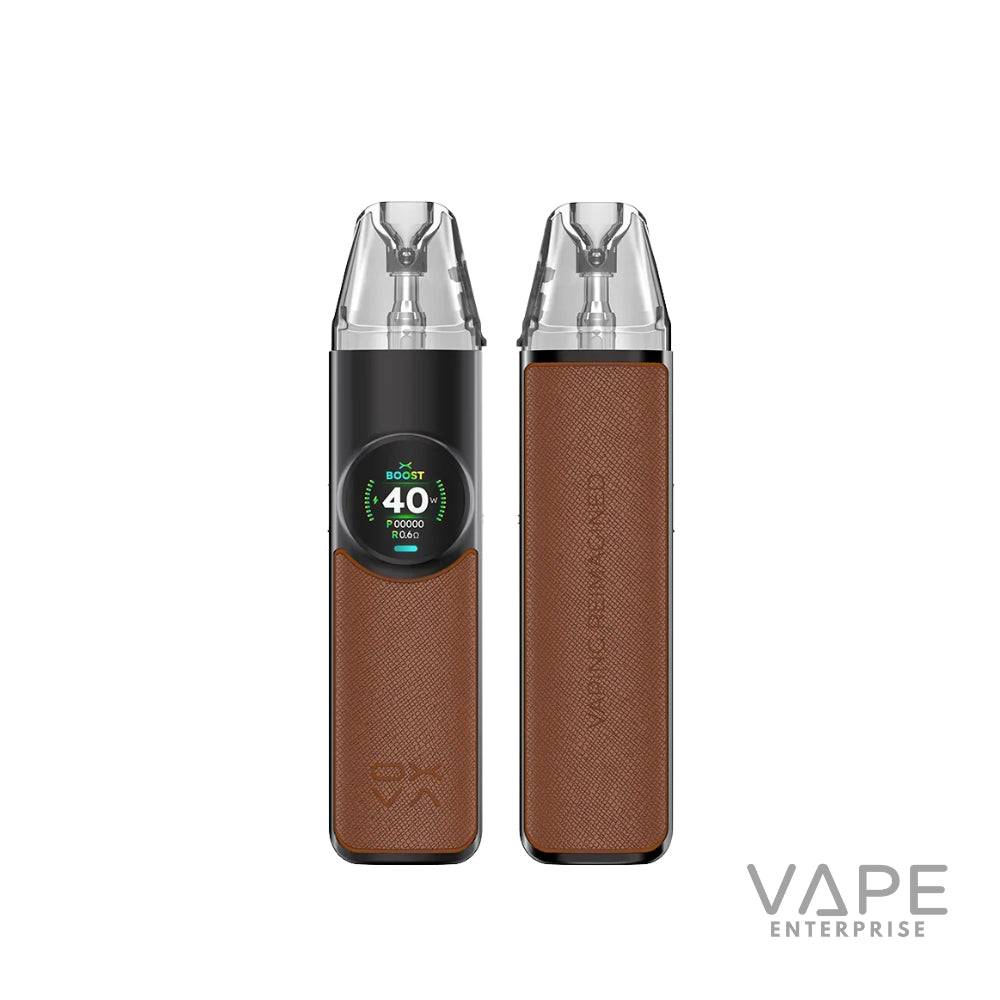 Dark brown leather vape device with digital display showing 40W power, two views
