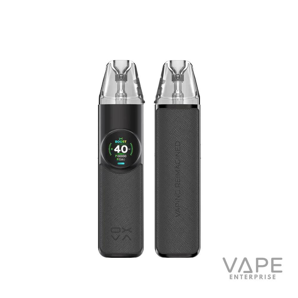 Black vape pod device with digital display showing 40 watts, textured grip, and clear mouthpiece
