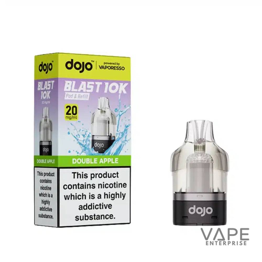 Dojo Blast 10K Double Apple vape pod and refill pack with 20mg/ml nicotine warning