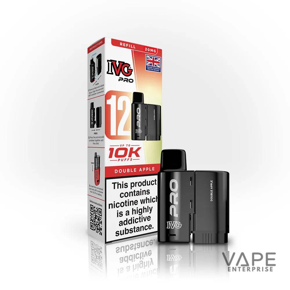 IVG Pro 12 disposable vape pods Double Apple flavor with nicotine warning and British flag