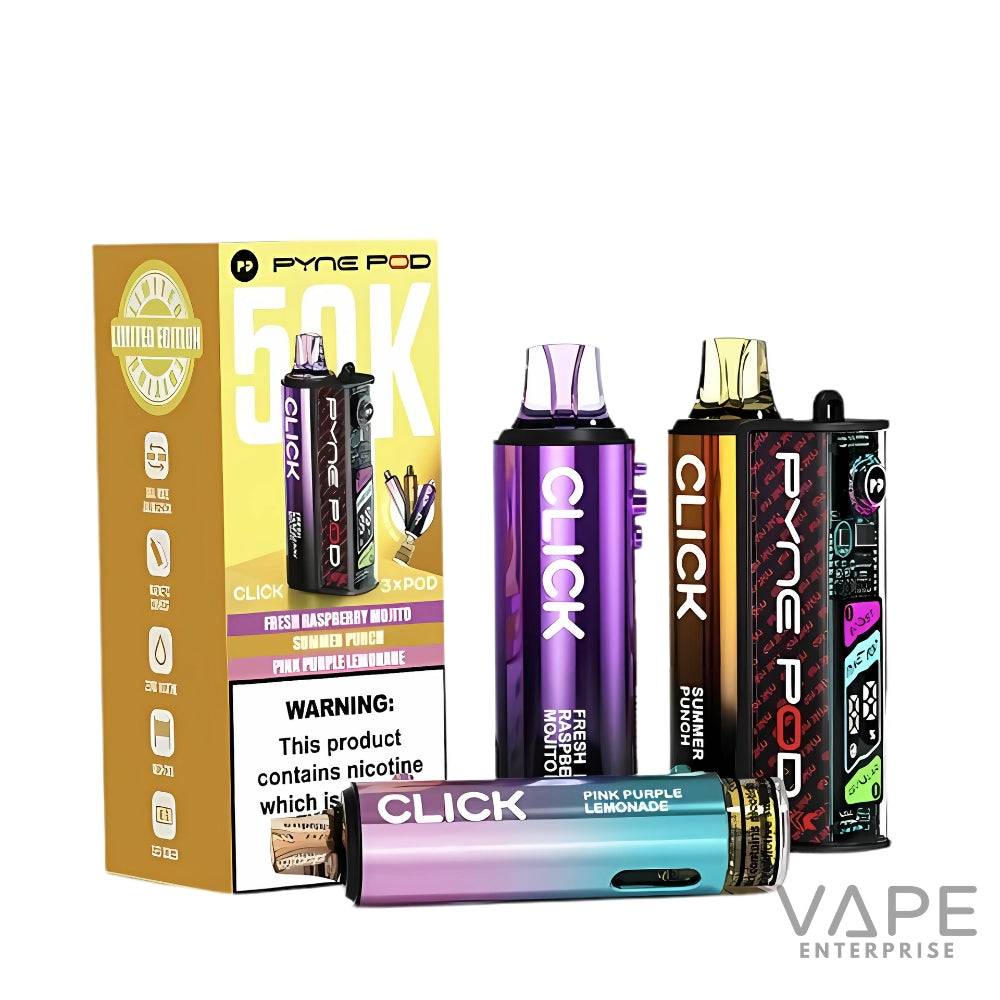 Pyne Pod 50K limited edition vape kit with Click disposable pods in Fresh Raspberry Mojito, Summer Punch, and Pink Purple Lemonade flavors