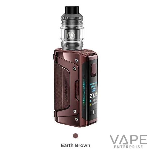 Earth Brown Geekvape vape mod with digital display and silver tank on white background