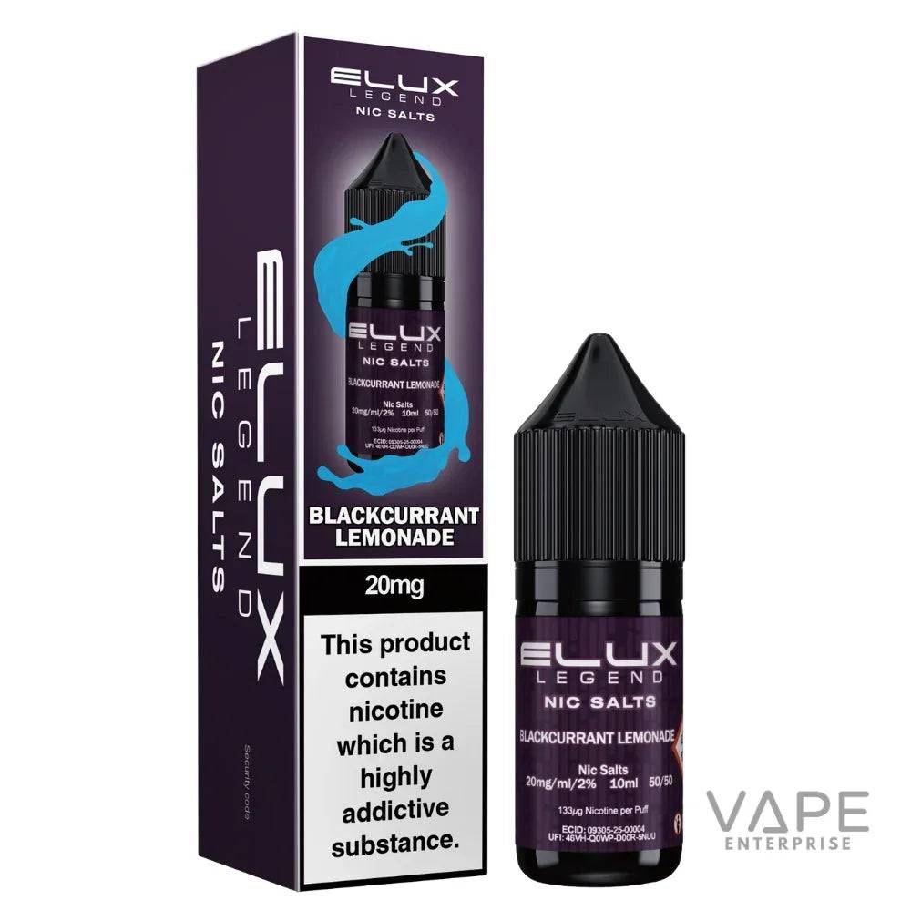 Elux Legend Blackcurrant Lemonade Nic Salts 20mg vape liquid with packaging, 10ml bottle