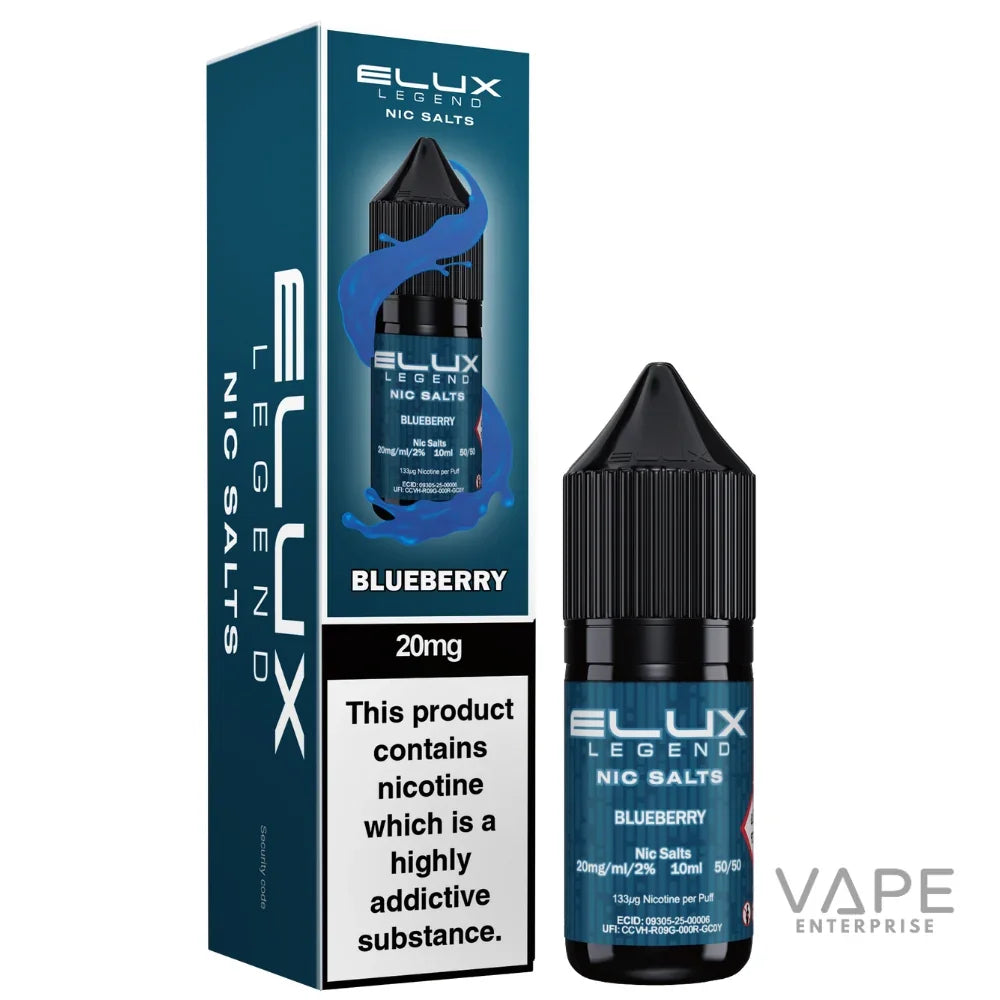 Elux Legend Blueberry Nic Salts 20mg vape liquid bottle and packaging, 10ml refill for vape kits
