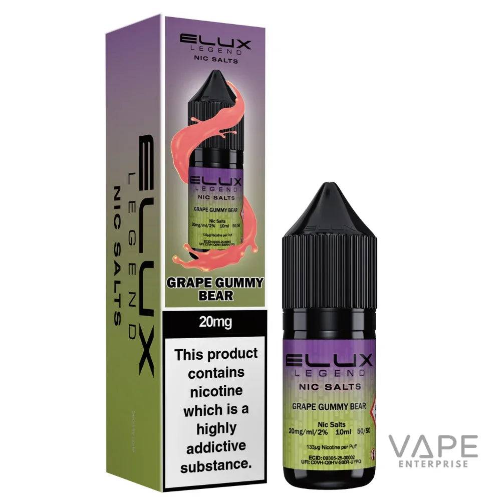 Elux Legend Nic Salts Grape Gummy Bear 10ml vape liquid with 20mg nicotine, purple and green packaging