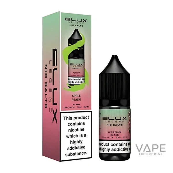 Elux Legend Nic Salts Apple Peach vape liquid bottle and packaging, 10ml 20mg