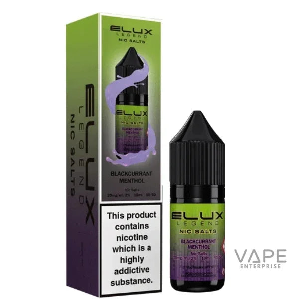 Elux Legend Nic Salts Blackcurrant Menthol vape liquid bottle and packaging, 20mg/ml nicotine strength