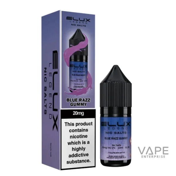 Elux Legend Blue Razz Gummy 20mg Nic Salt vape liquid with packaging, purple design, black cap