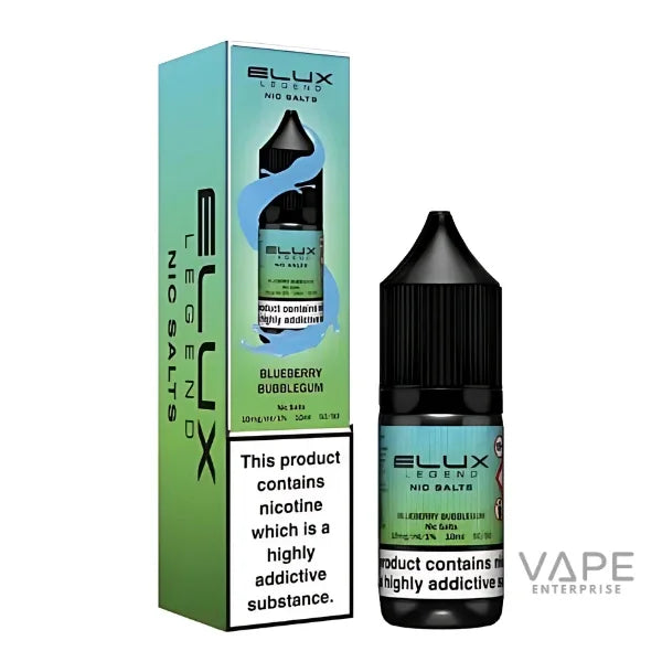 Elux Legend Nic Salts Blueberry Bubblegum vape liquid bottle and packaging, 10ml 10mg