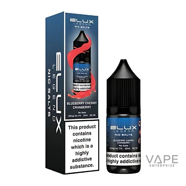 Elux Legend Nic Salts Blueberry Cherry Cranberry vape liquid bottle and packaging