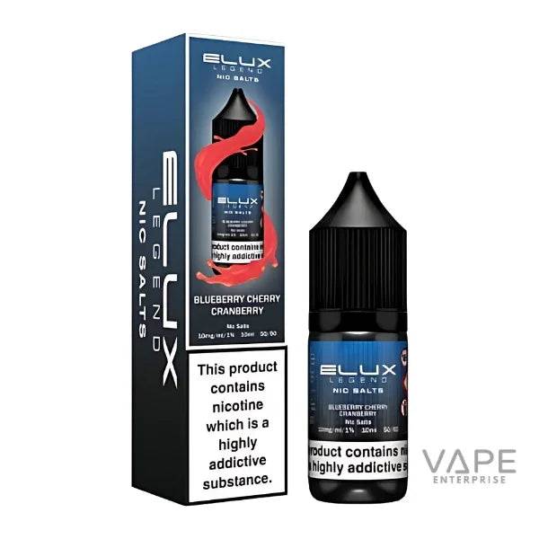 Elux Legend Nic Salts Blueberry Cherry Cranberry vape liquid bottle and packaging