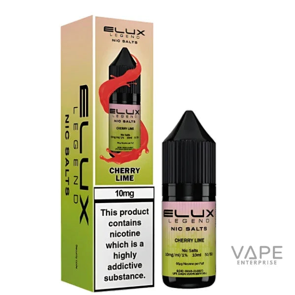 Elux Legend Nic Salts Cherry Lime 10mg vape liquid with packaging, refillable vape kit compatible