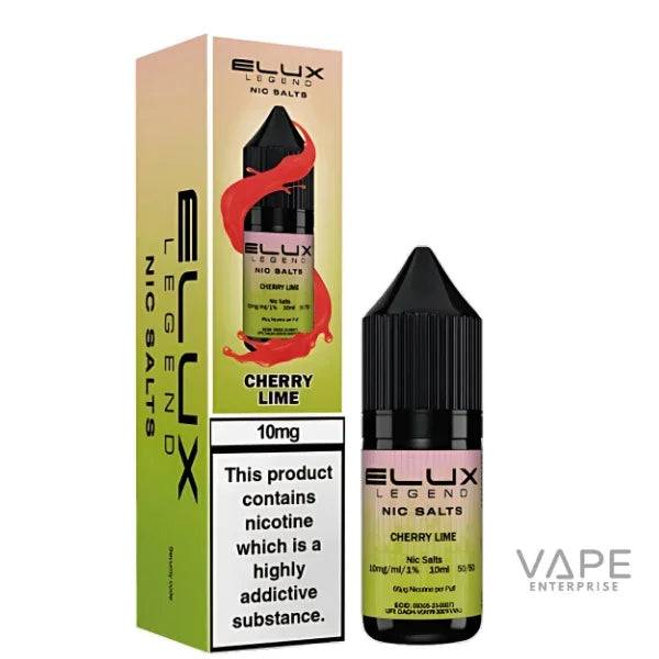 Elux Legend Nic Salts Cherry Lime 10mg vape liquid with packaging, refillable vape kit compatible
