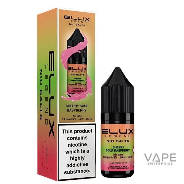 Elux Legend Nic Salts Cherry Sour Raspberry 10ml vape liquid with packaging, nicotine warning label