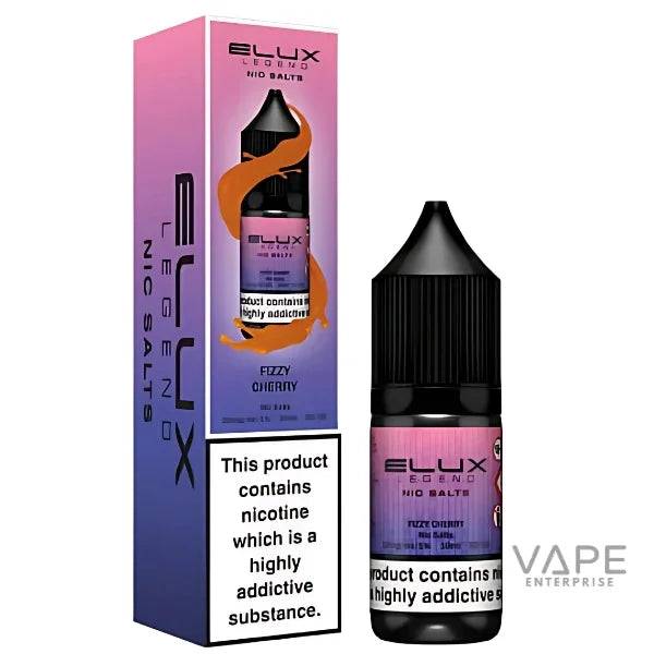 Elux Legend Nic Salts Fizzy Cherry vape liquid bottle and packaging, purple gradient design