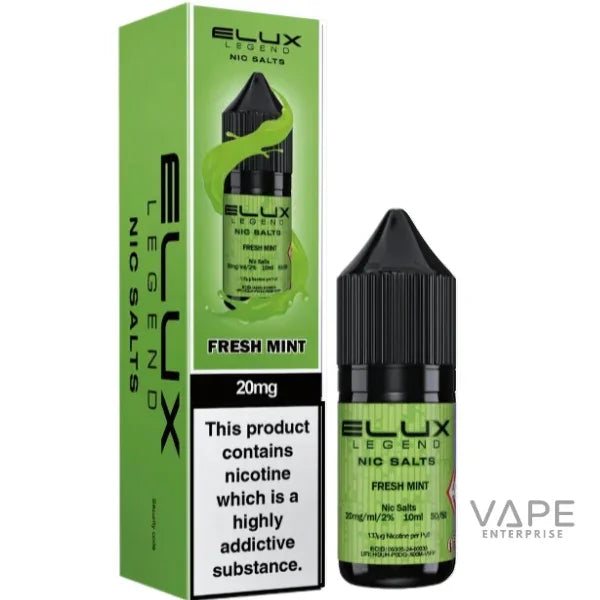 Elux Legend Fresh Mint Nic Salts 20mg vape liquid with green packaging and black dropper bottle