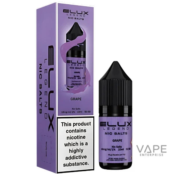 Elux Legend Nic Salts Grape 10ml vape liquid bottle and packaging, purple design with black cap
