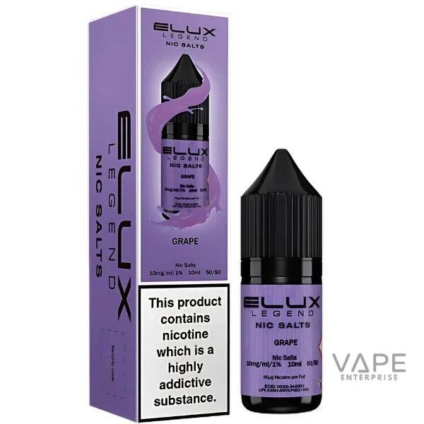 Elux Legend Nic Salts Grape 10ml vape liquid bottle and packaging, purple design with black cap