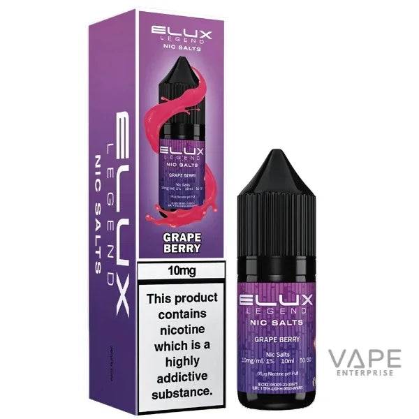 Elux Legend Grape Berry 10mg Nic Salts vape liquid bottle and packaging, purple design with black cap