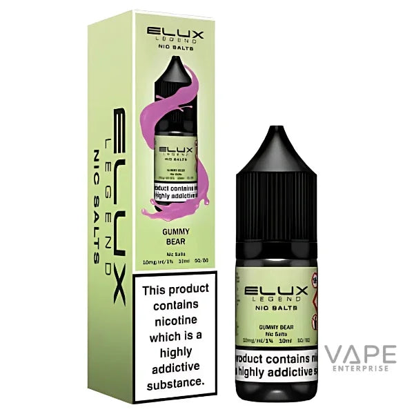 Elux Legend Nic Salts Gummy Bear vape liquid 10ml bottle and packaging, nicotine salt e-liquid for refillable vape kits