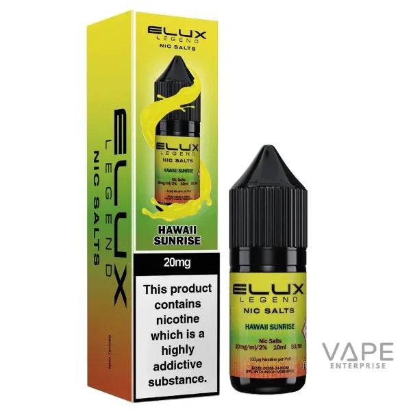 Elux Legend Nic Salts Hawaii Sunrise 20mg vape liquid bottle and packaging