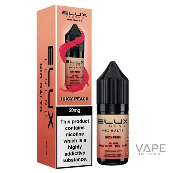 Elux Legend Nic Salts Juicy Peach 20mg vape liquid bottle and packaging, refillable vape kit compatible
