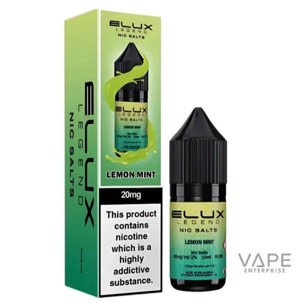 Elux Legend Nic Salts Lemon Mint 20mg vape liquid with packaging, refillable vape kit compatible