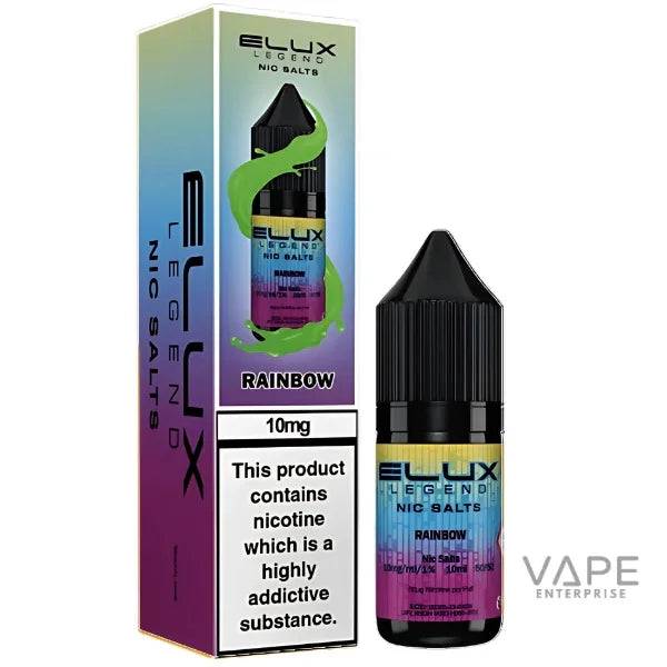 Elux Legend Nic Salts Rainbow 10mg vape liquid bottle and packaging, colorful gradient design