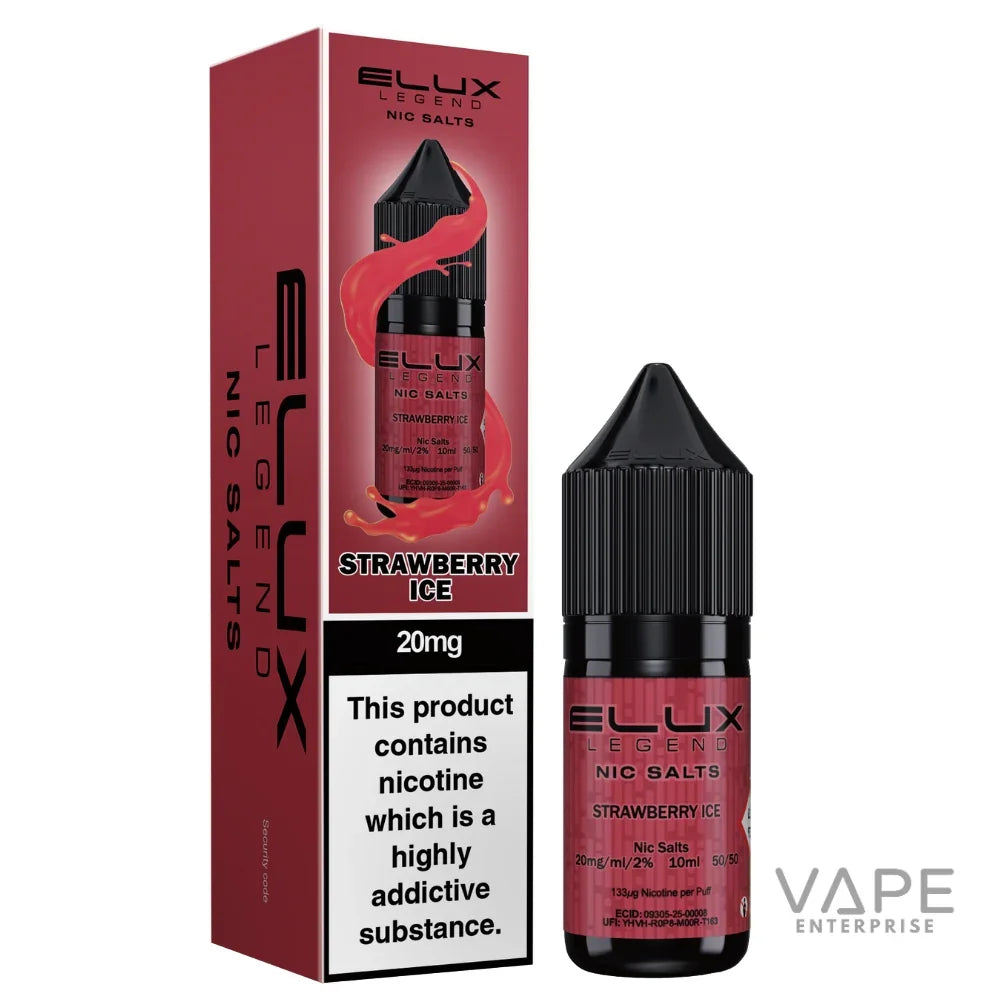 Elux Legend Nic Salts Strawberry Ice 20mg vape liquid bottle and packaging
