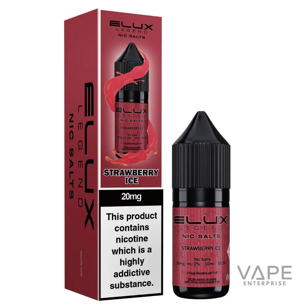 Elux Legend Nic Salts Strawberry Ice 20mg vape liquid bottle and packaging