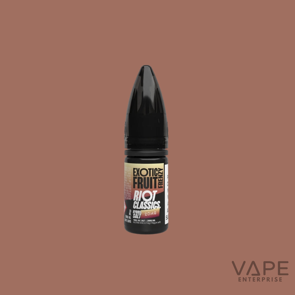 Vape juice bottle with 'Riot Classics' label on a brown background