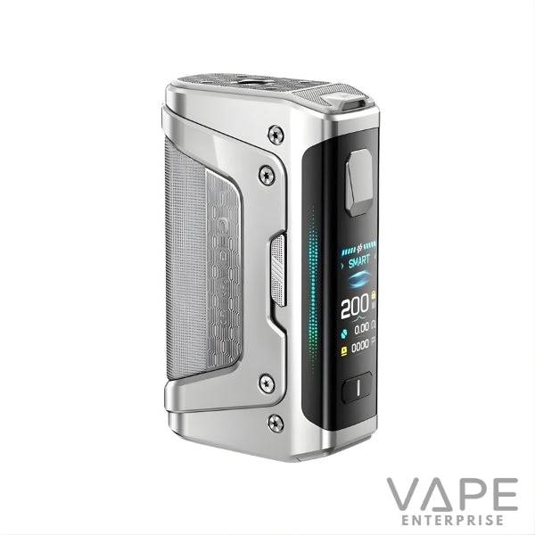 Silver vape mod with digital display showing 200W power, smart mode, and control buttons