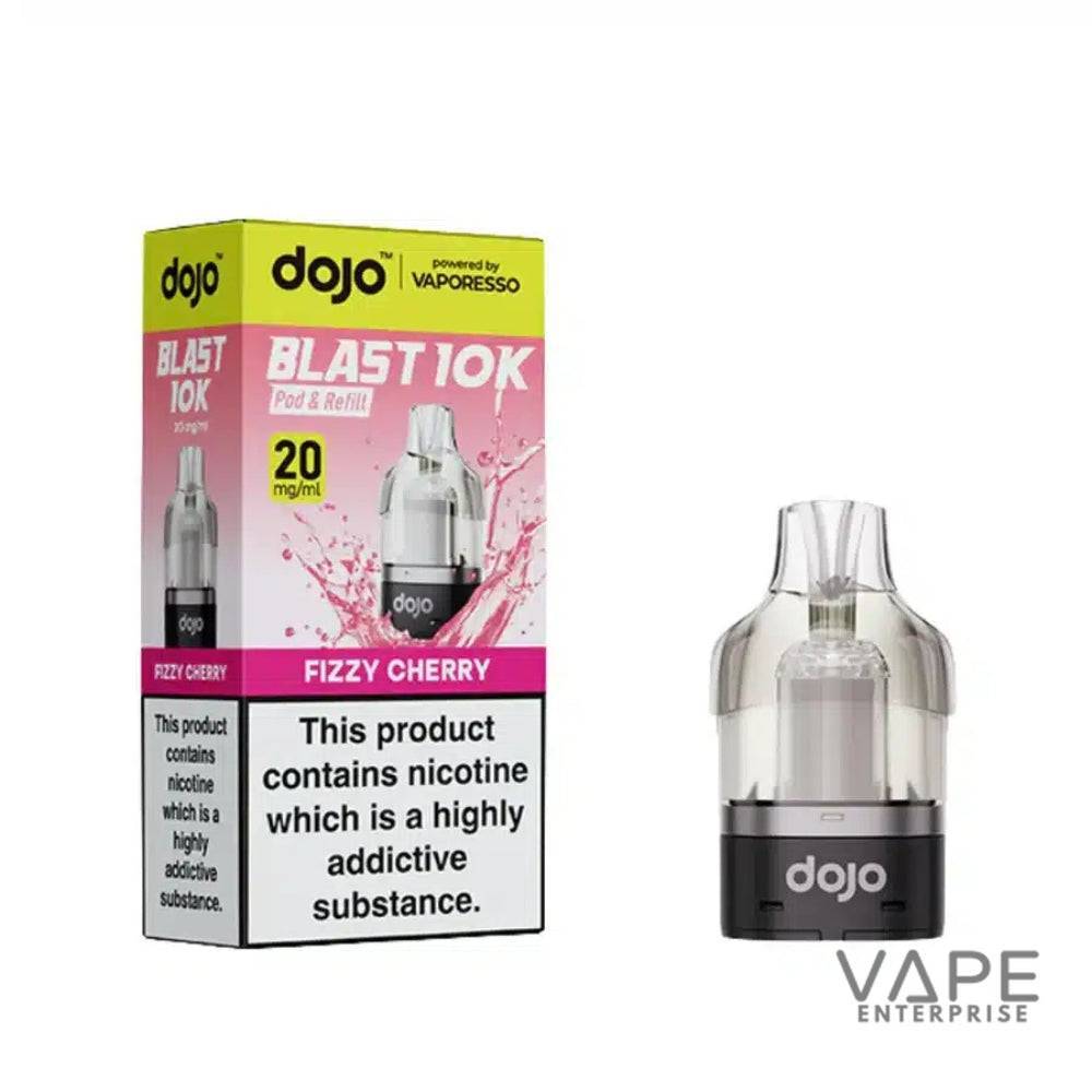 Dojo Blast 10K Fizzy Cherry vape pod and refill box with nicotine warning label and pod device