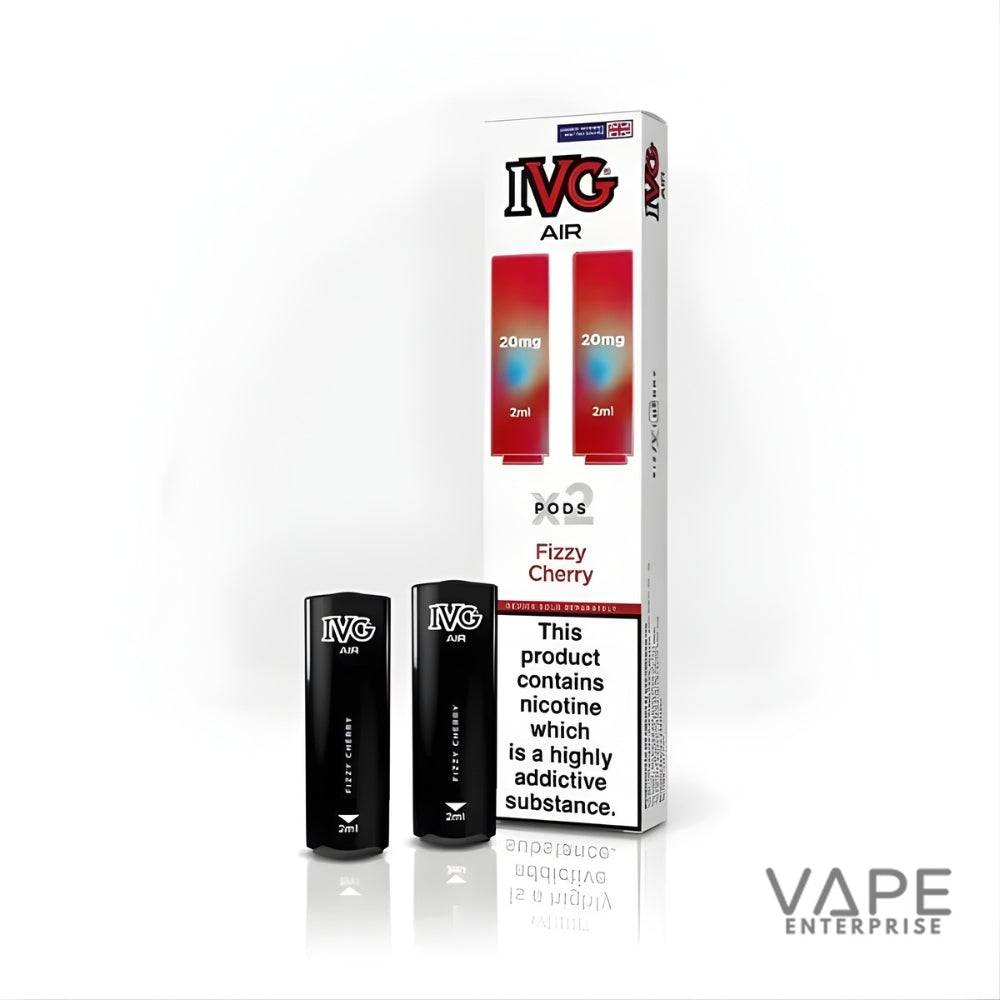 IVG Air Fizzy Cherry vape pods 2-pack with nicotine warning on white background