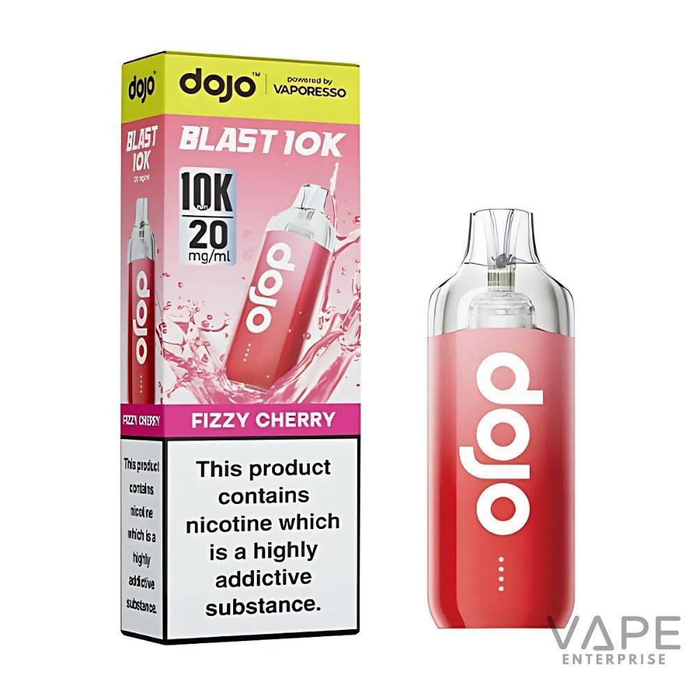 Dojo Blast 10K disposable vape device and box in fizzy cherry flavor with nicotine warning