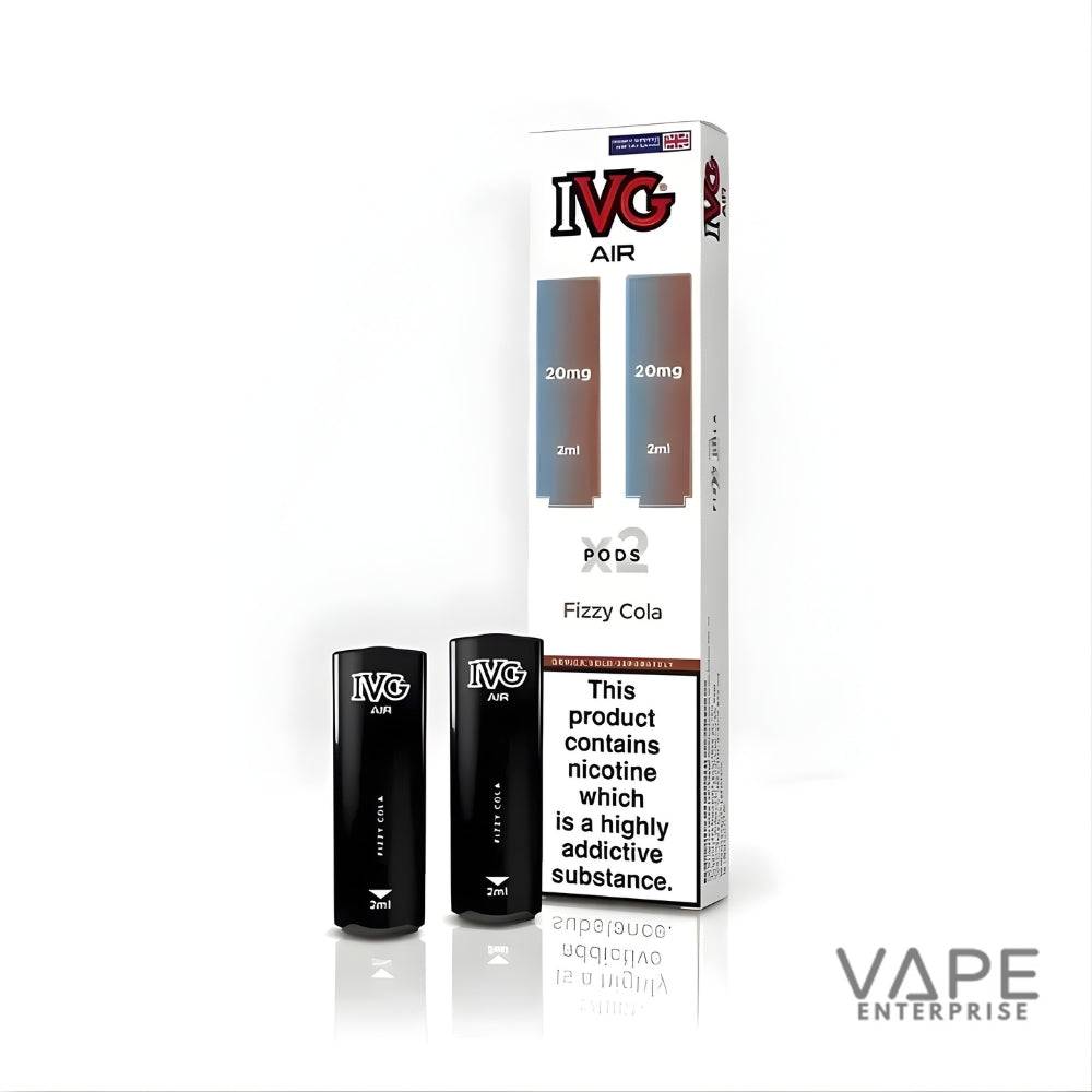 IVG Air Fizzy Cola vape pods with 20mg nicotine, 2ml pods and nicotine addiction warning