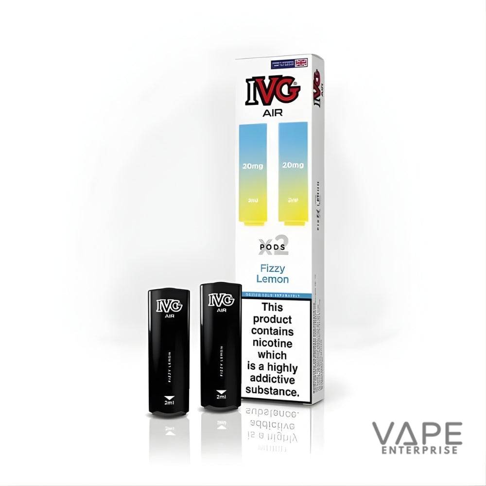 IVG Air Fizzy Lemon vape pods with 20mg nicotine, black pods and white packaging